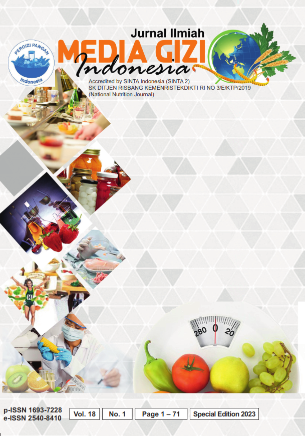 						View Vol. 18 No. 1SP (2023): MEDIA GIZI INDONESIA (NATIONAL NUTRITION JOURNAL) Special Issue: The 2nd Bengkulu International Conference on Health (B-ICON 2022)
					