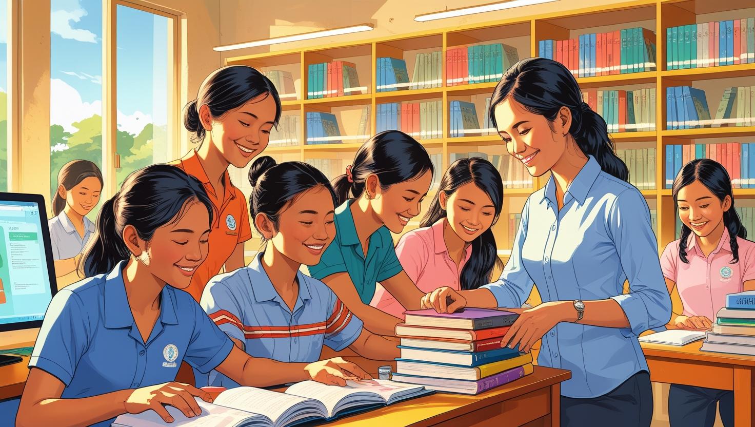 Librarian with students at school library
