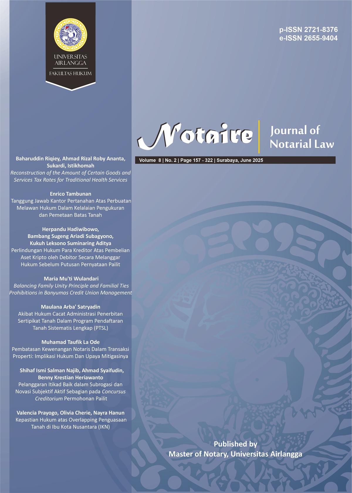 						View Vol. 8 No. 2 (2025): NOTAIRE
					