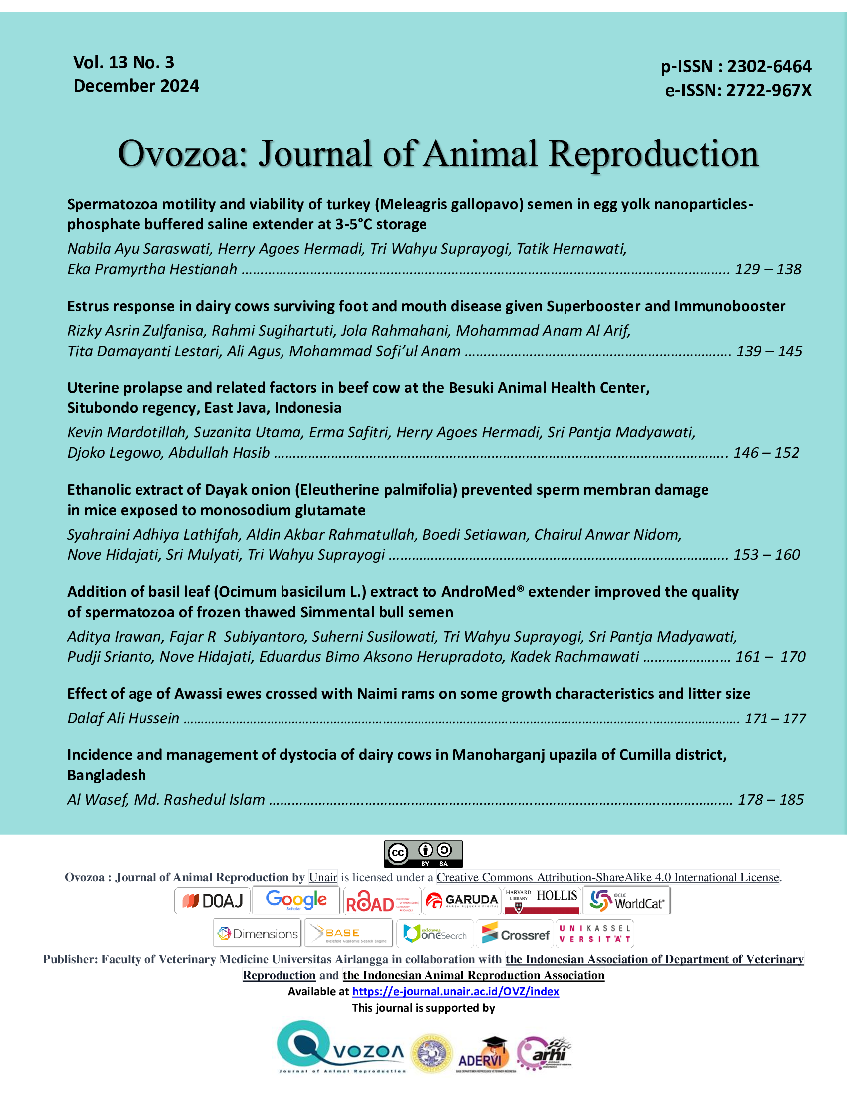 						View Vol. 13 No. 3 (2024): Ovozoa: Journal of Animal Reproduction 
					